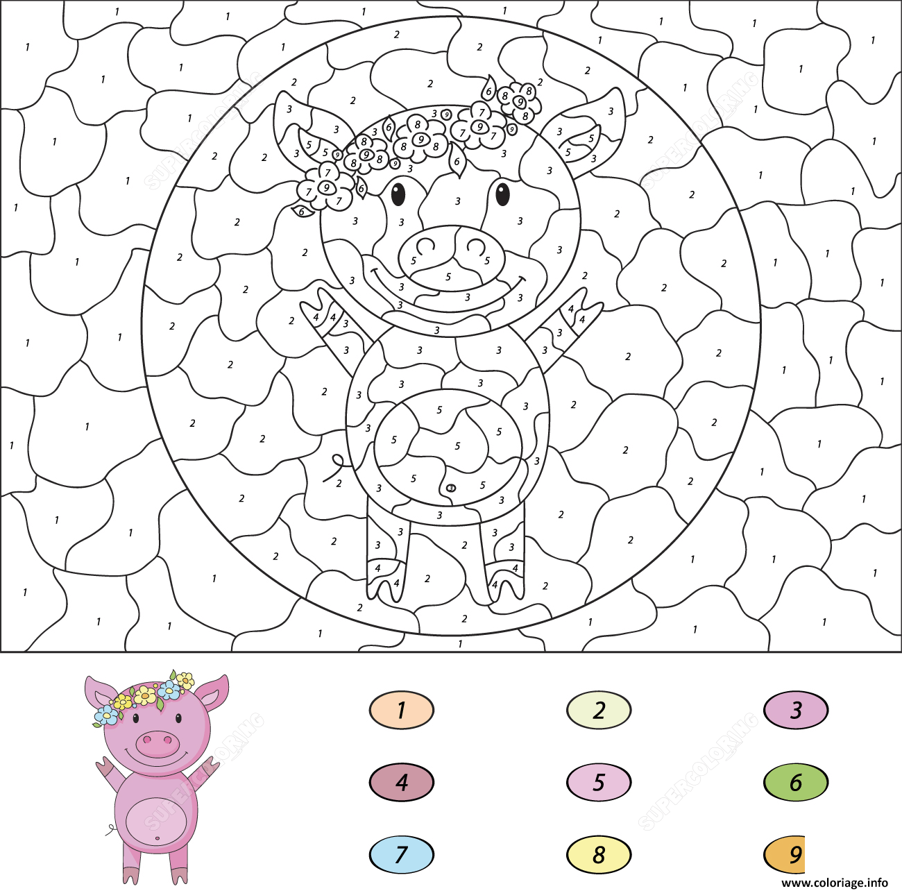 Dessin petit cochon animal de la ferme par numero Coloriage Gratuit à Imprimer