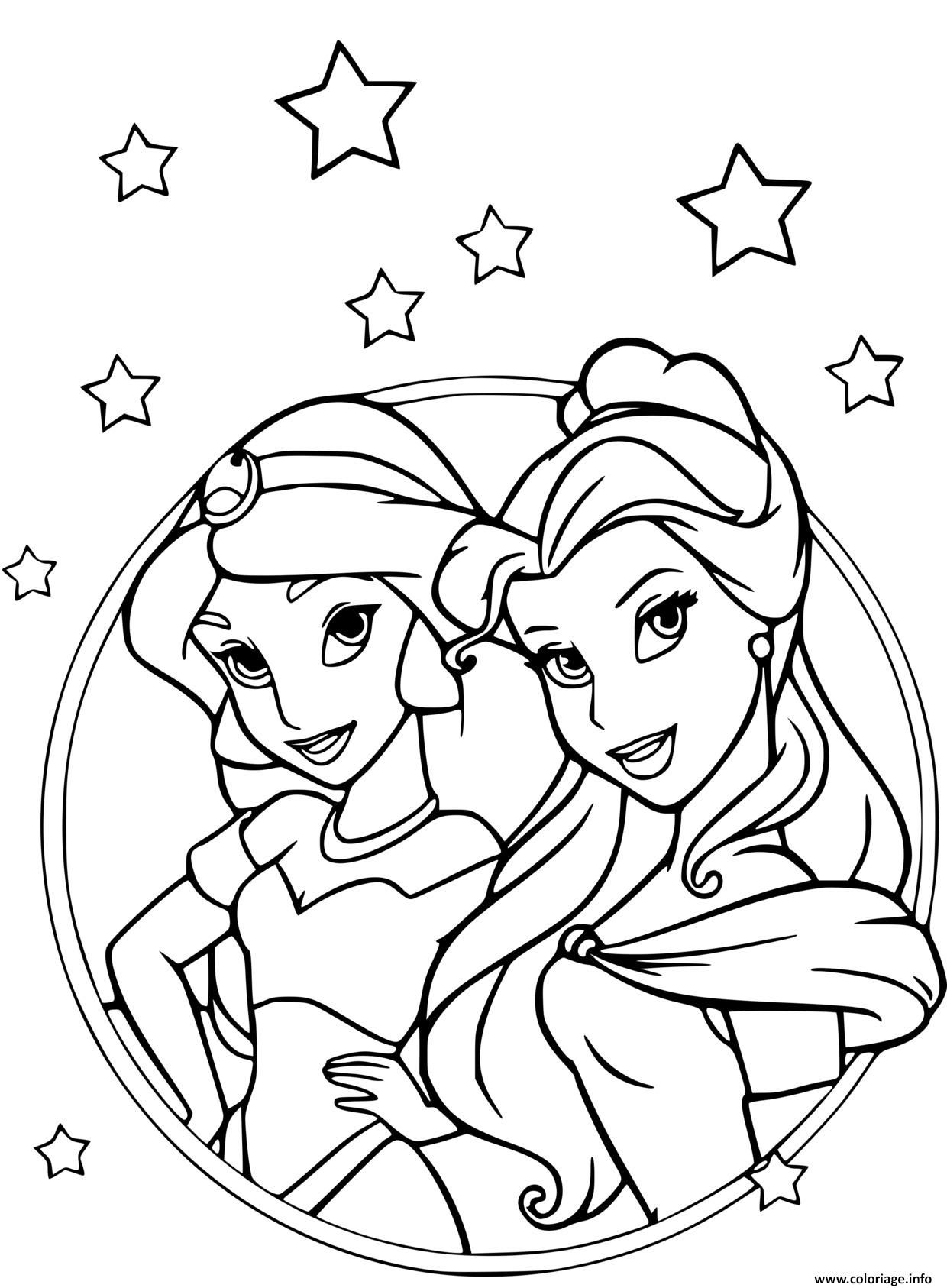 Dessin les princesses Jasmine dans Aladdin et Belle et la bete Coloriage Gratuit à Imprimer