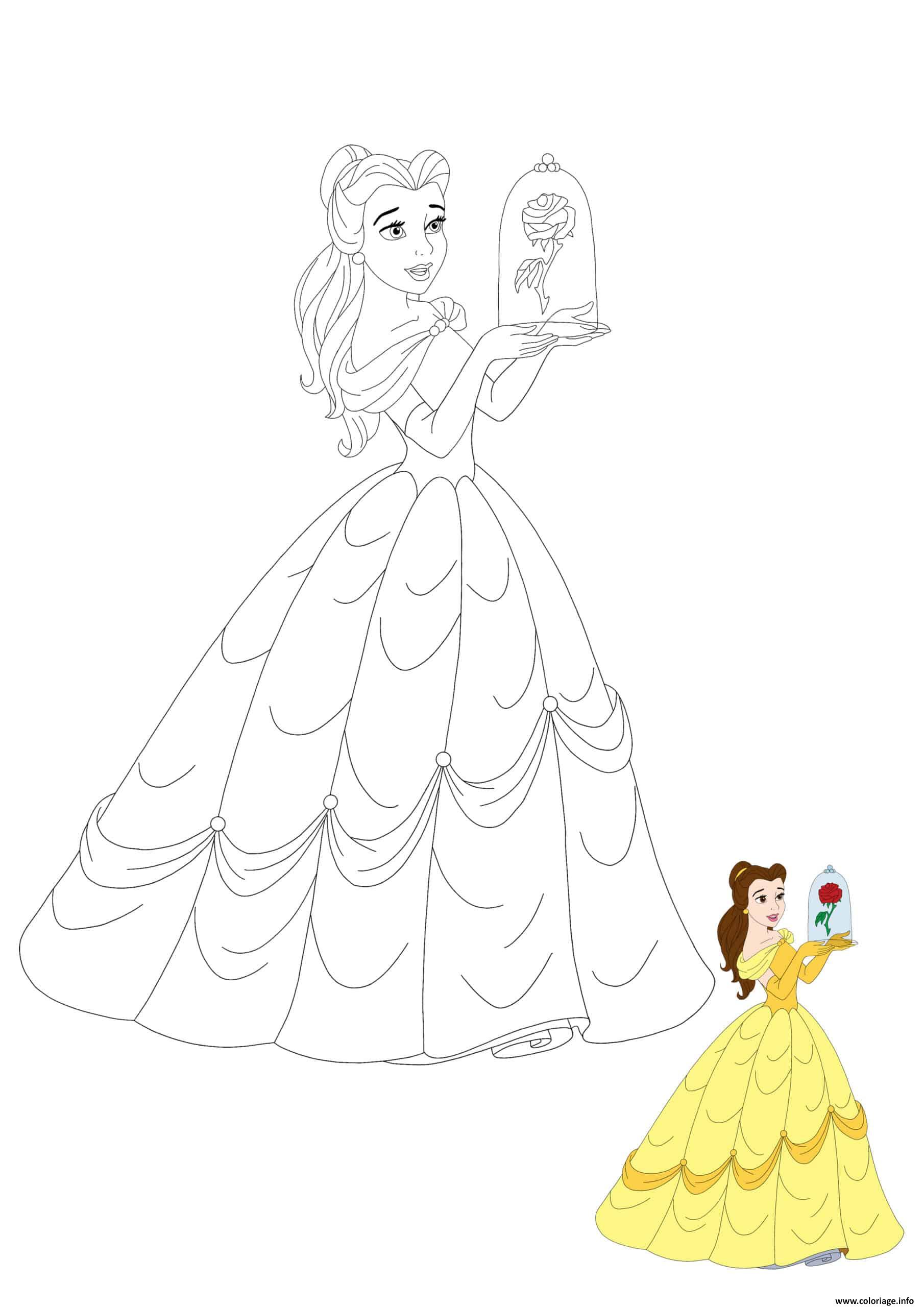 Coloriage Princesse Belle With Rose Dessin à Imprimer