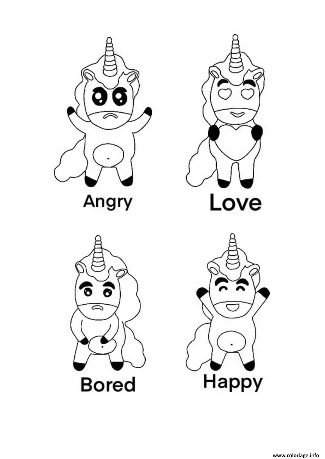 Coloriage Unicorn Emoji Angry Bored Happy Love Dessin Licorne à imprimer