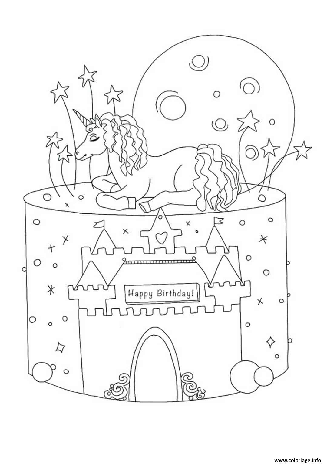 Coloriage gateau anniversaire licorne avec chateau licorne  JeColorie.com