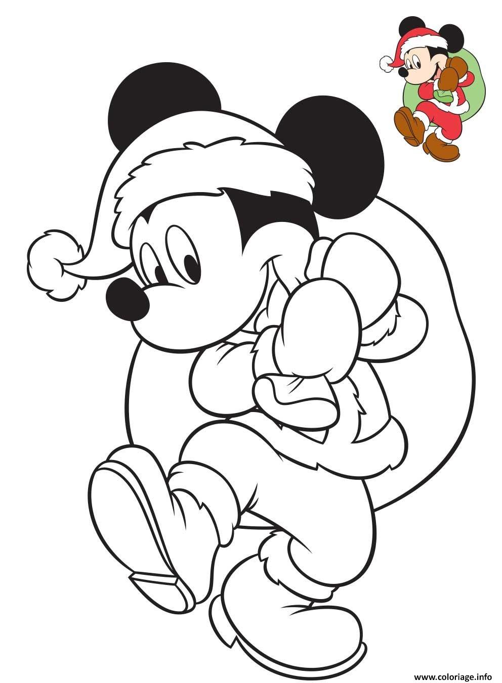 Dessin mickey mouse joue au pere noel avec le sac de cadeaux Coloriage Gratuit à Imprimer