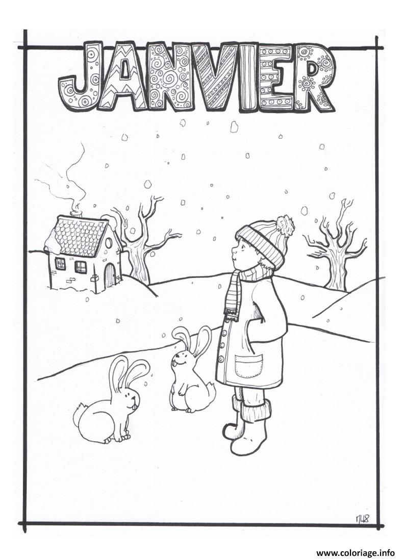 Dessin janvier hiver lapin pour gs Coloriage Gratuit à Imprimer