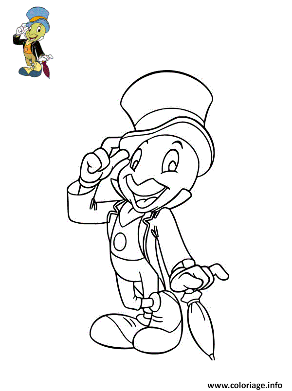 Coloriage Jiminy Cricket Grillon Habille En Costume Dessin à Imprimer