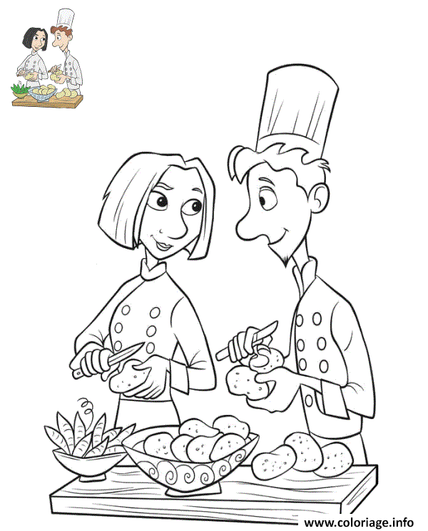 Dessin colette tatou et alfredo linguini preparent des pommes de terre Coloriage Gratuit à Imprimer