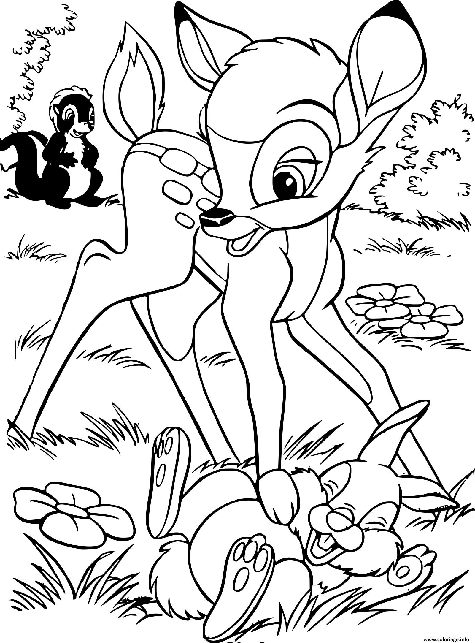 Dessin bambi joue avec panpan et fleur Coloriage Gratuit à Imprimer
