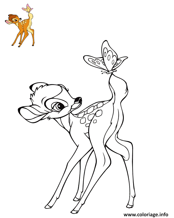 Coloriage Bambi Et Papillon Dans La Foret Dessin à Imprimer