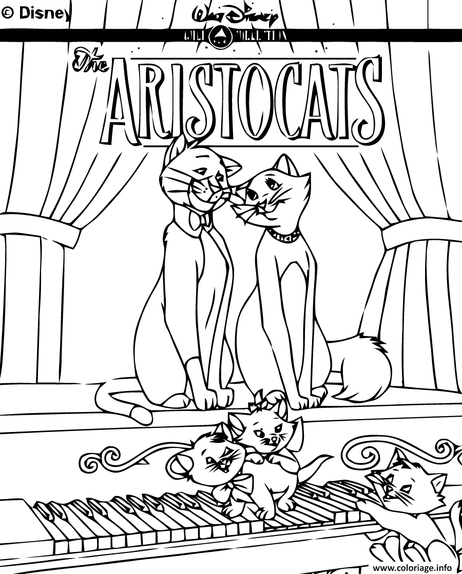 Dessin les aristochats et les chatons jouent au piano Coloriage Gratuit à Imprimer