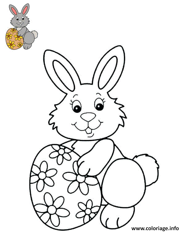 Dessin lapine avec un oeuf paques decore de fleurs Coloriage Gratuit à Imprimer