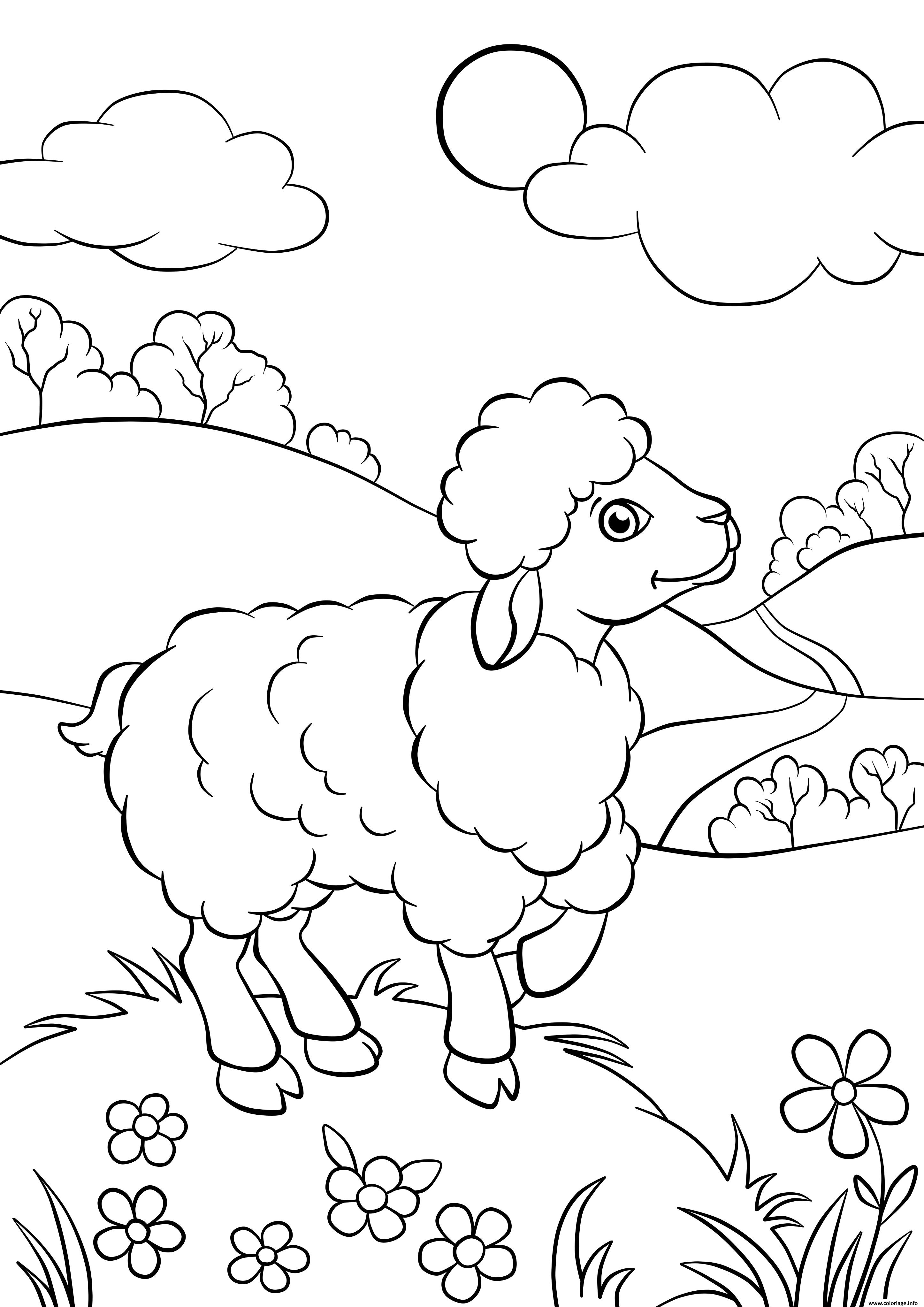 Dessin mouton dans la nature Coloriage Gratuit à Imprimer