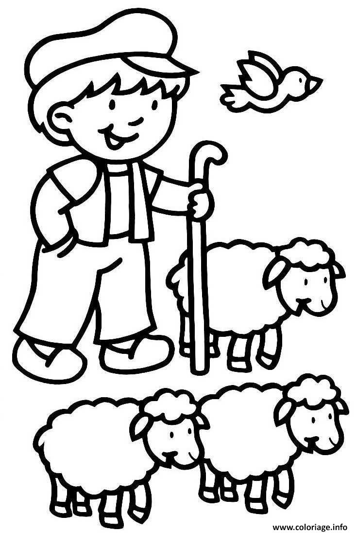 Dessin un fermier et ses moutons Coloriage Gratuit à Imprimer