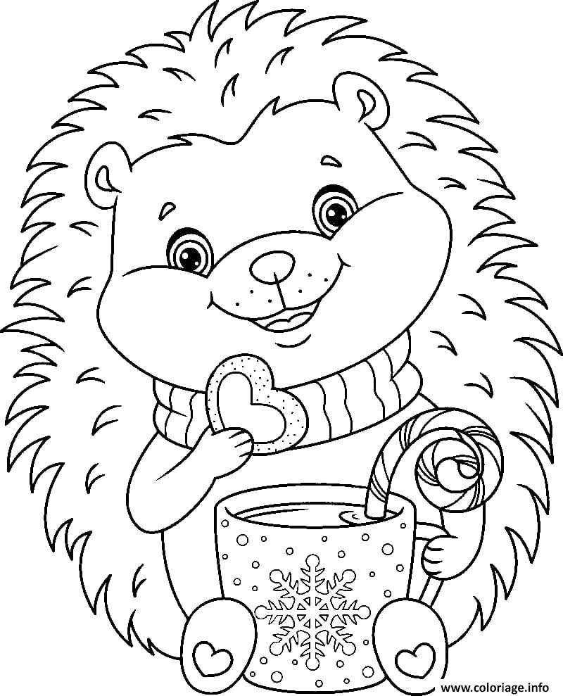 Dessin herisson boit un chocolat chaud Coloriage Gratuit à Imprimer