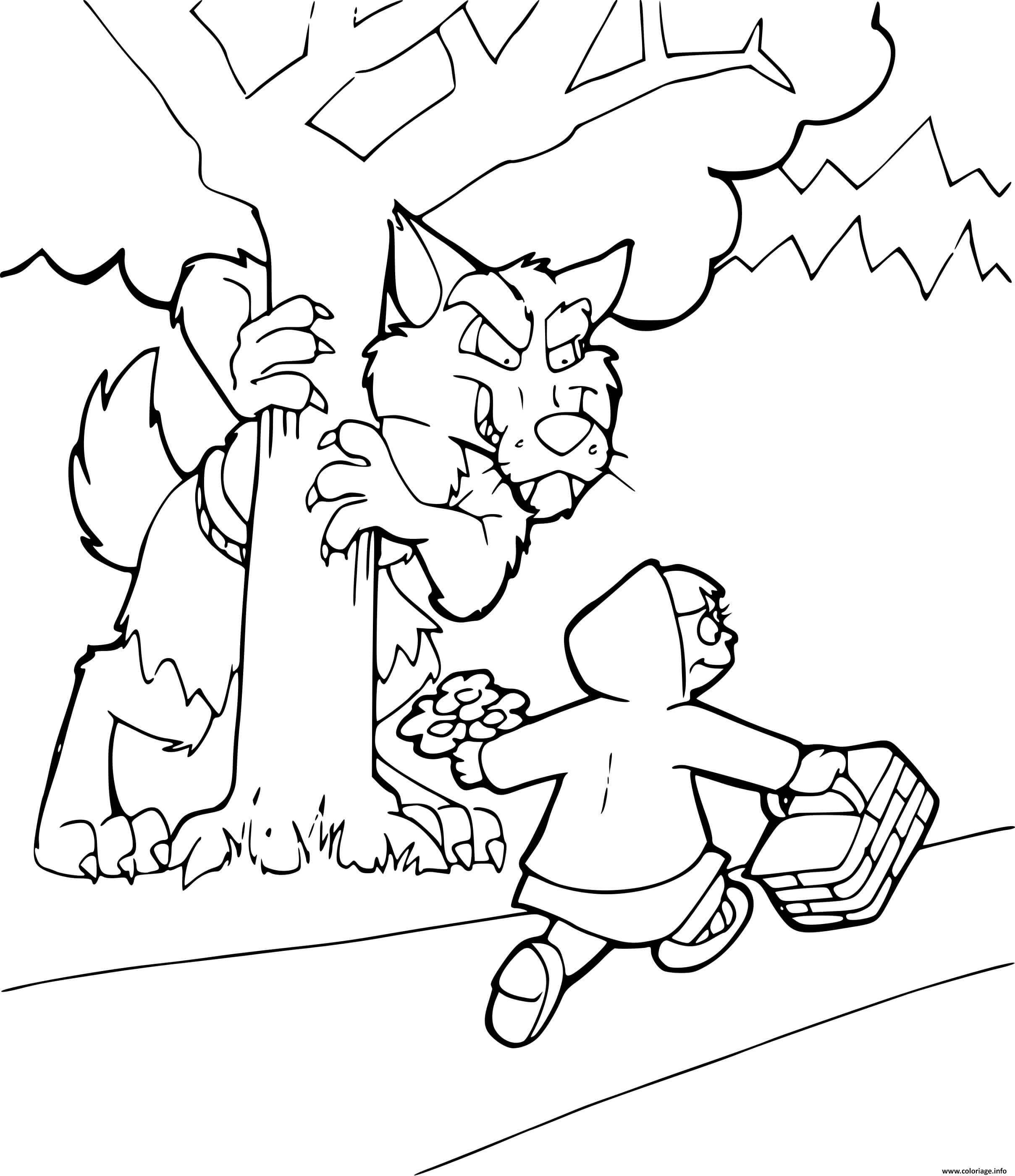 Dessin petit chaperon rouge et un loup derriere un arbre Coloriage Gratuit à Imprimer