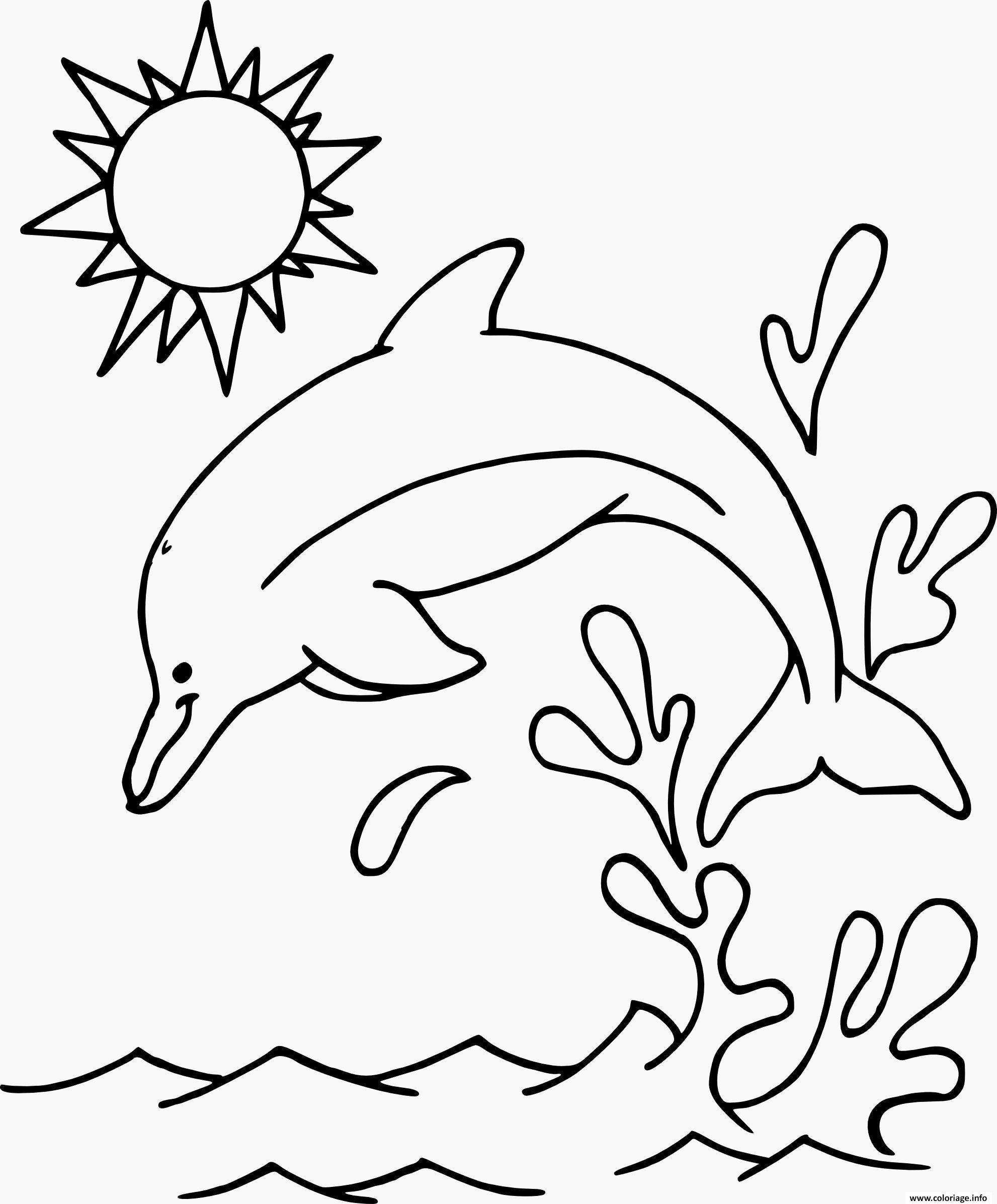 Dessin dauphin saut hors de la mer soleil Coloriage Gratuit à Imprimer