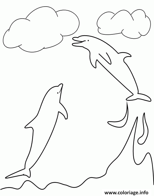 Dessin deux dauphins et nuages Coloriage Gratuit à Imprimer