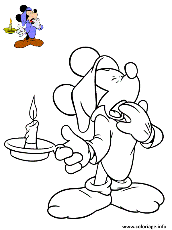 Dessin mickey veut dormir il tient une chandelle Coloriage Gratuit à Imprimer