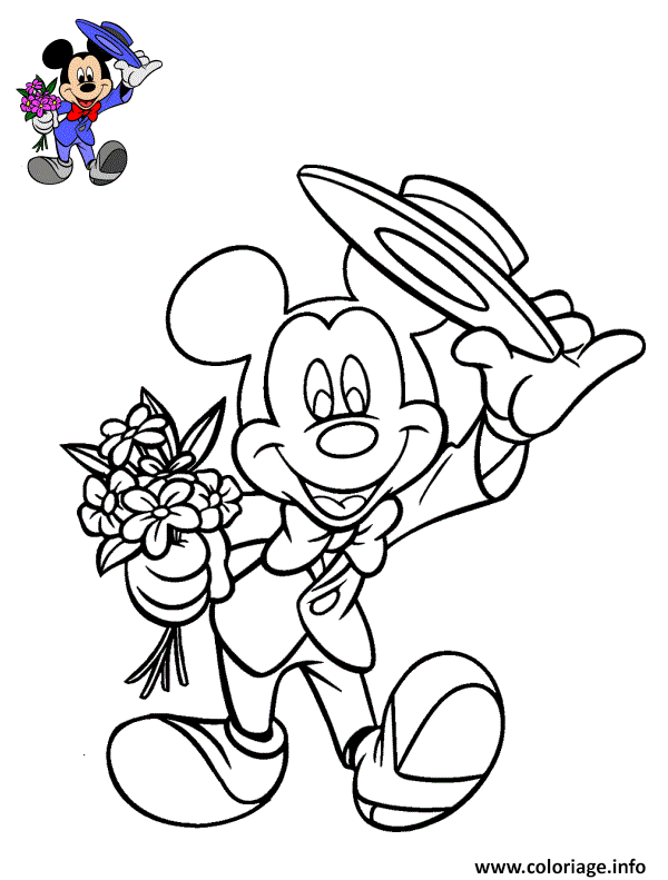 Dessin adorable mickey mouse avec costume et fleurs Coloriage Gratuit à Imprimer