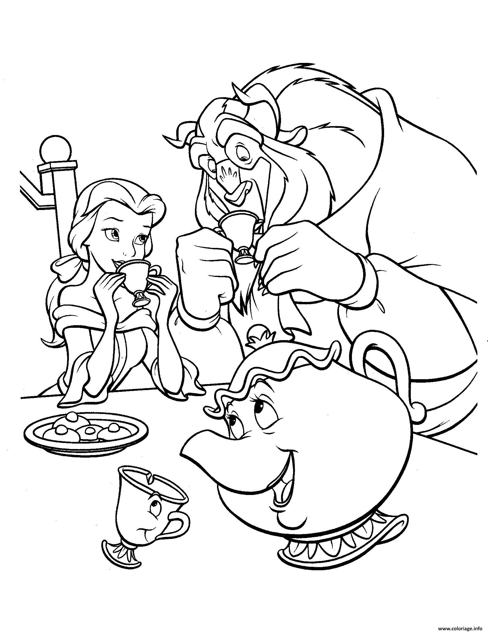 Dessin la belle et la bete degustent un the Coloriage Gratuit à Imprimer