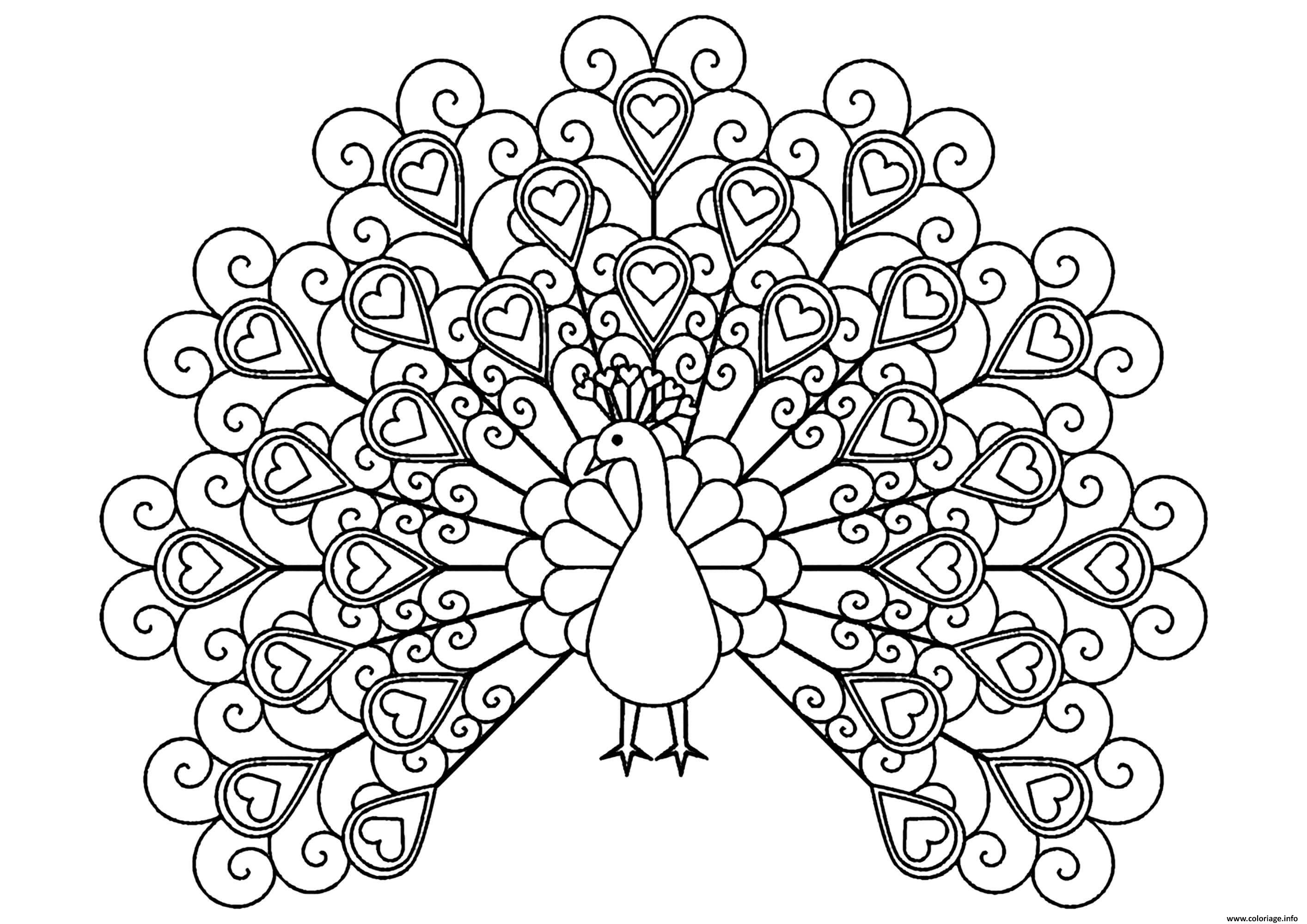 Coloriage Paon Oiseau Forme De Coeurs Dessin à Imprimer