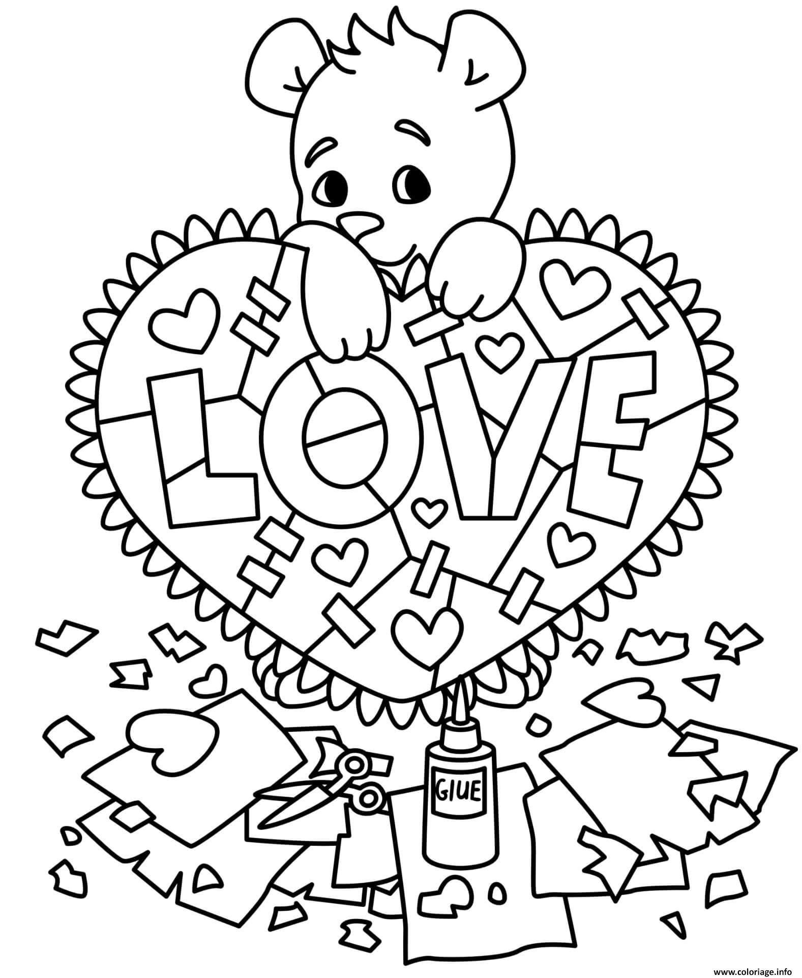 Coloriage Ours En Peluche Coeur Love Bricolage Dessin St Valentin A Imprimer