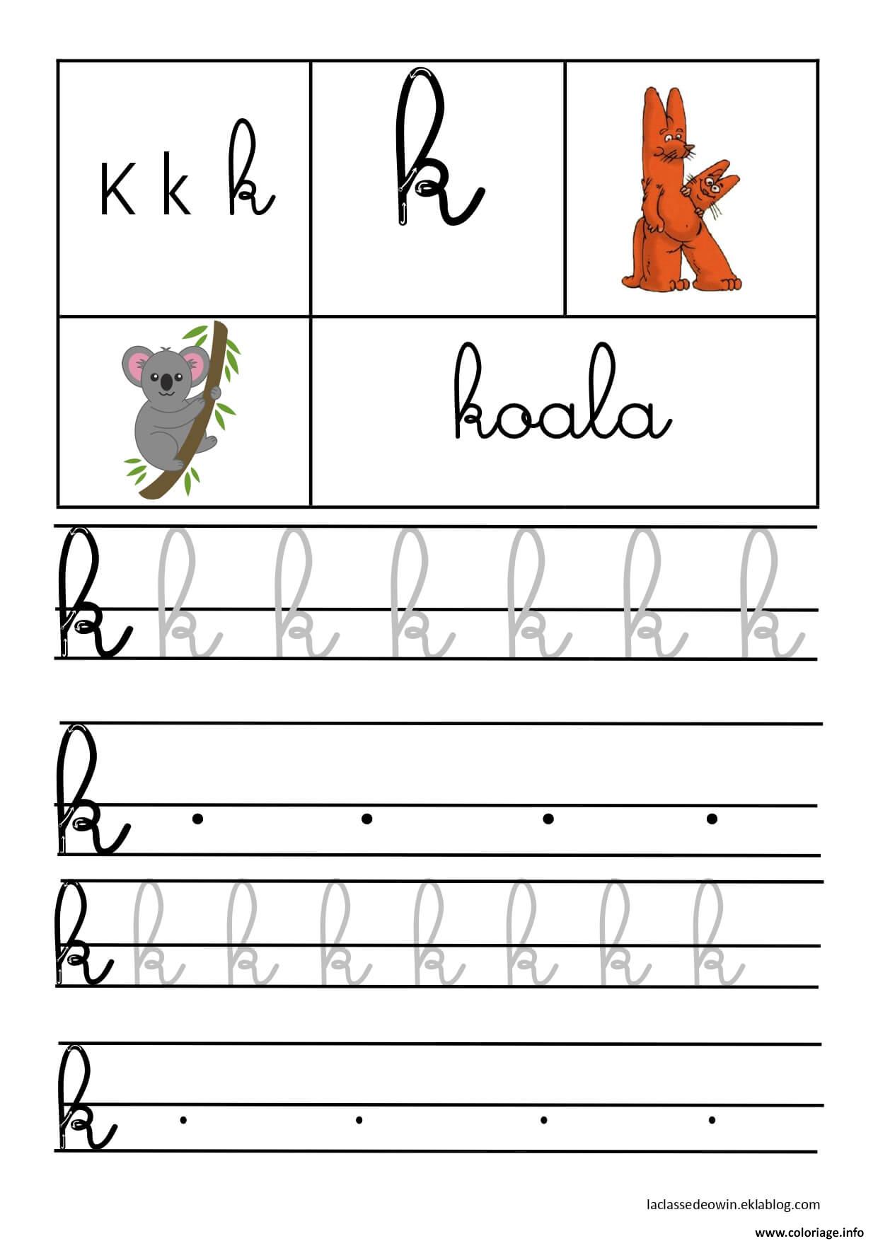 Dessin lettre K pour Koala ecriture cursive gs Coloriage Gratuit à Imprimer