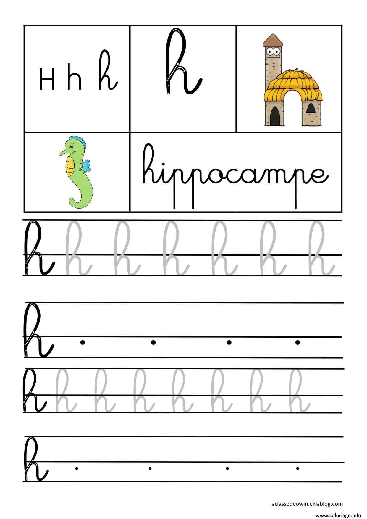 Dessin lettre H pour Hippocampe ecriture cursive gs Coloriage Gratuit à Imprimer