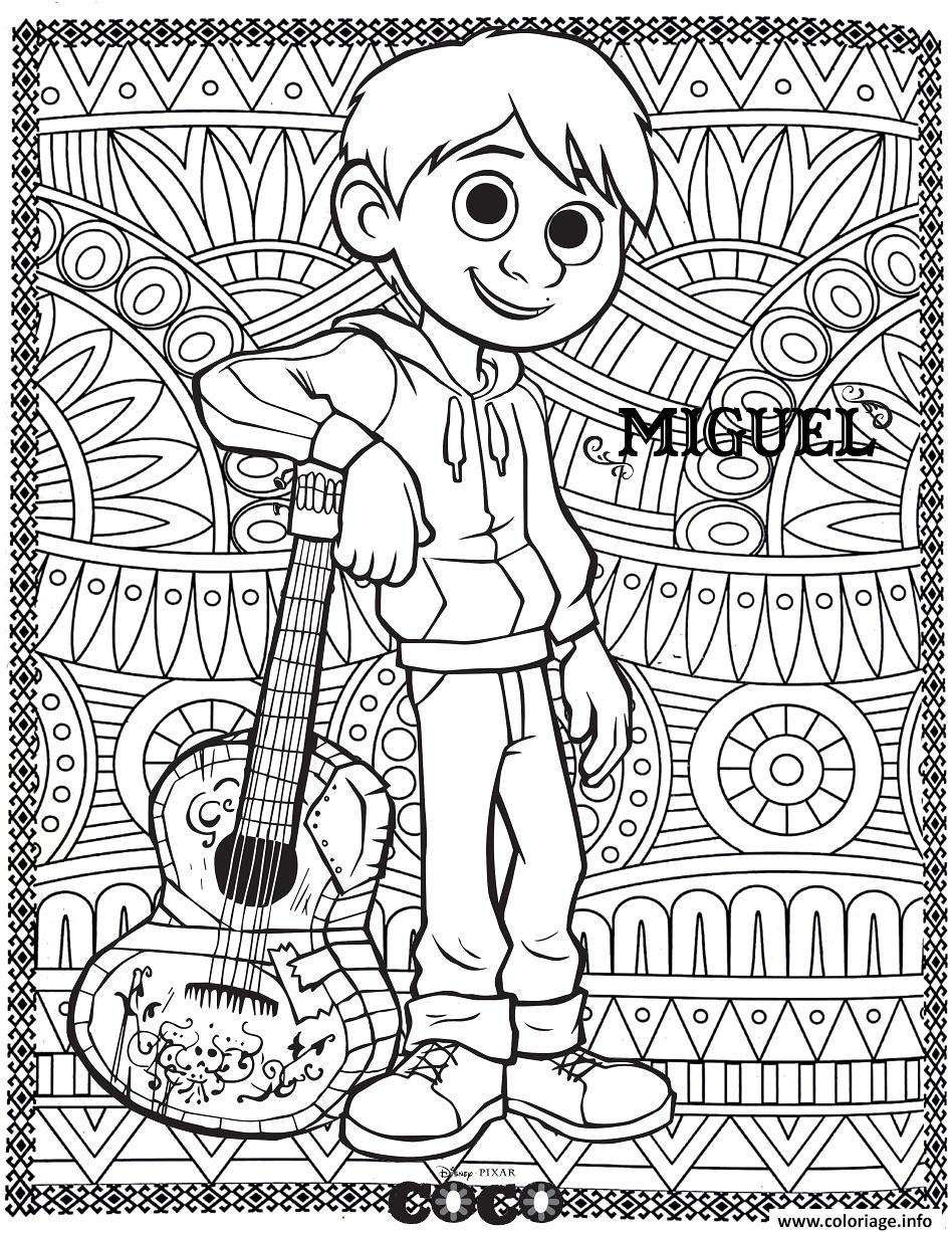 Coloriage Coco Miguel Avec Fond Mandala Adulte Dessin à Imprimer