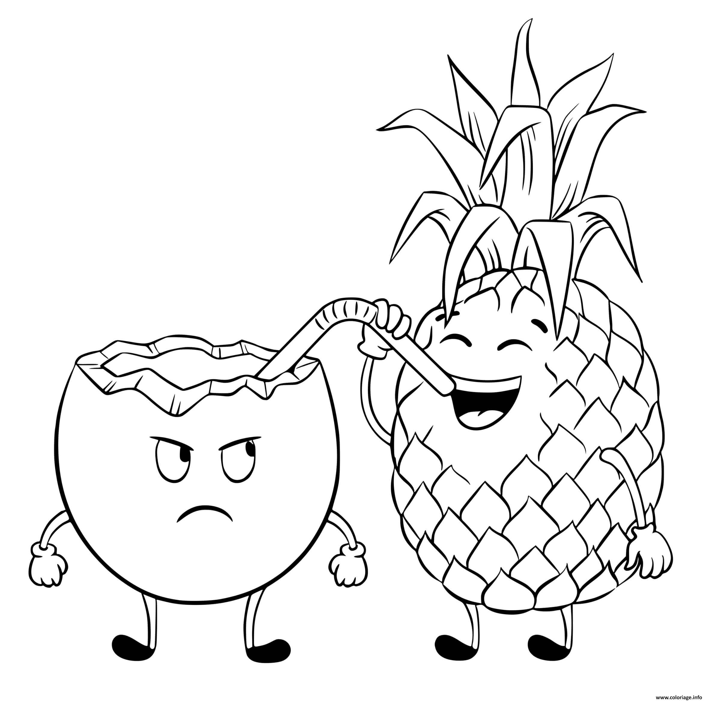 Dessin ananas boit une boisson de noix coco Coloriage Gratuit à Imprimer
