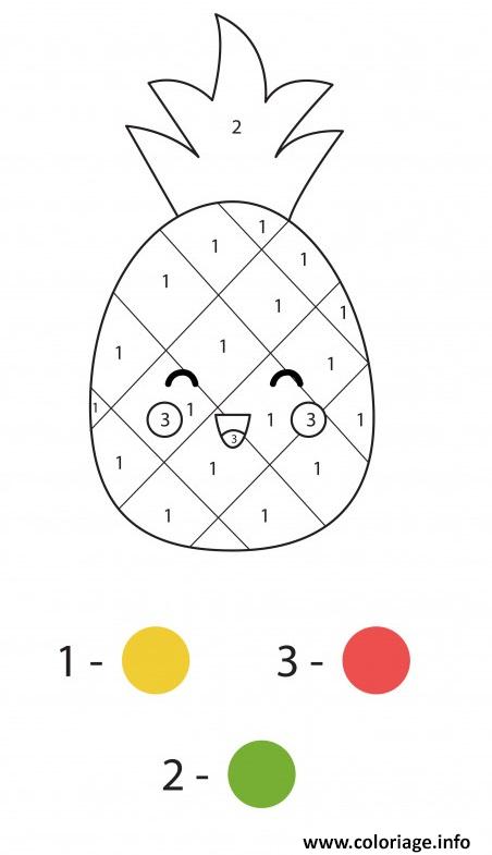 Dessin ananas kawaii mignon par numeros jeu mathematiques educatif pour enfants Coloriage Gratuit à Imprimer