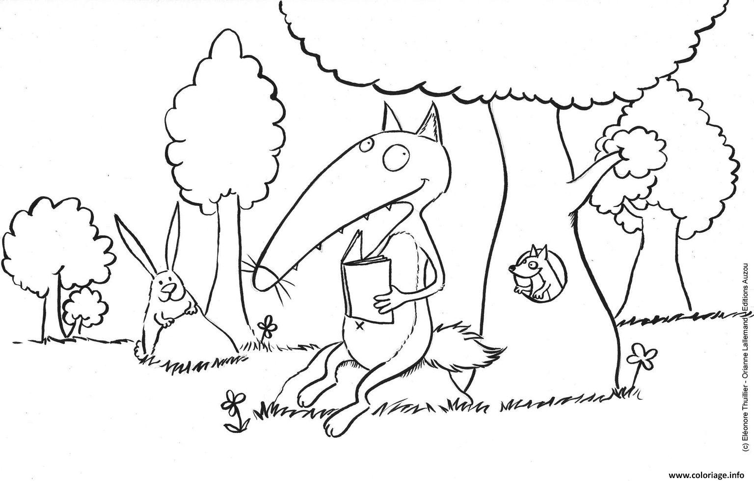 Dessin loup auzou fait une lecture dans un parc Coloriage Gratuit à Imprimer