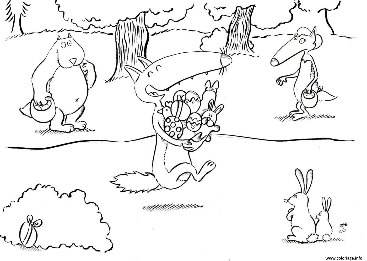 Dessin loup auzou paques oeufs et lapins Coloriage Gratuit à Imprimer