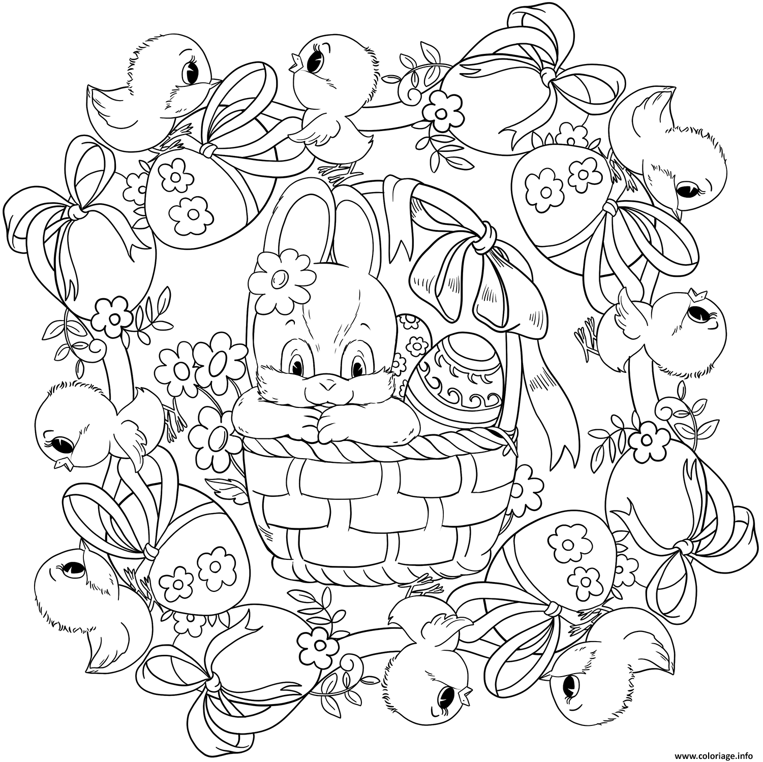 Dessin mandala paques avec panier de lapin et poussins oeufs de paques par Lesya Adamchuk Coloriage Gratuit à Imprimer