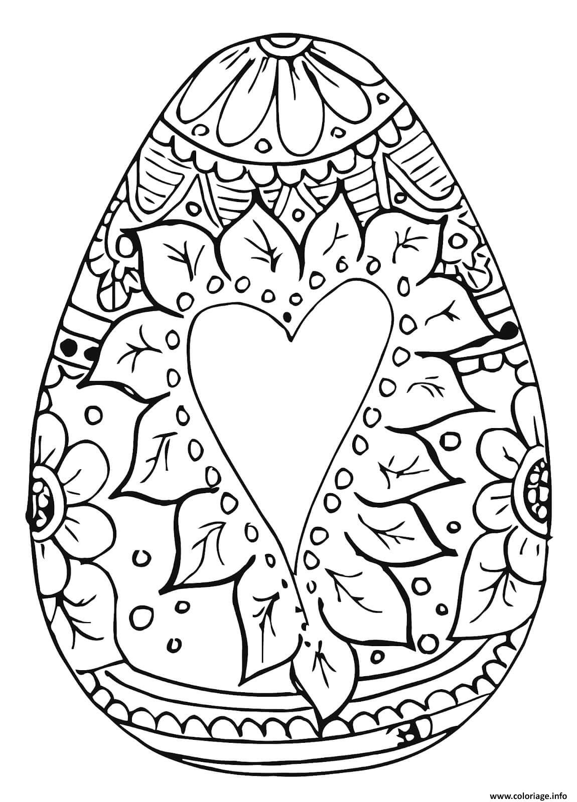 Dessin oeuf de paques mandala motifs coeur fleurs Coloriage Gratuit à Imprimer