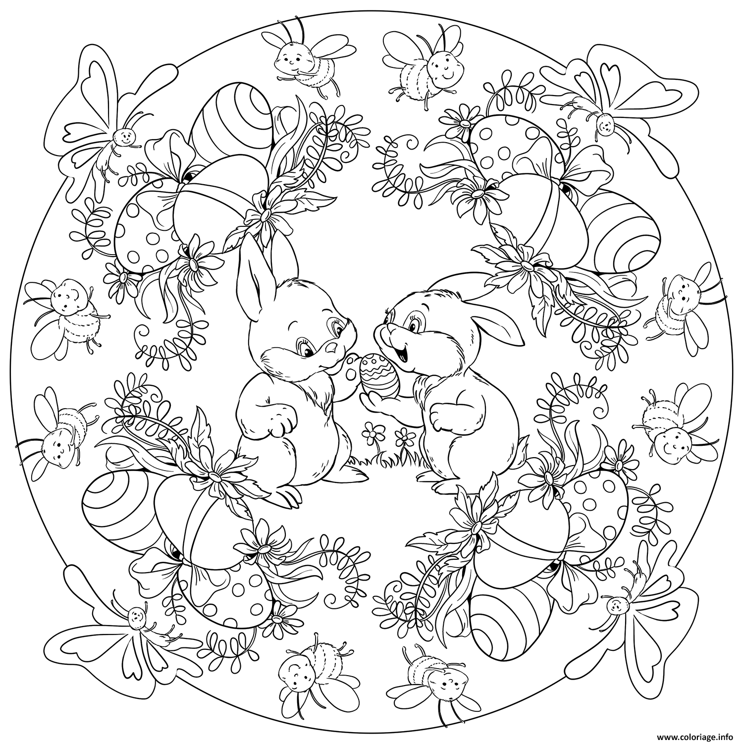 Dessin paques mandala avec deux lapins oeufs de paques et abeilles par Lesya Adamchuk Coloriage Gratuit à Imprimer