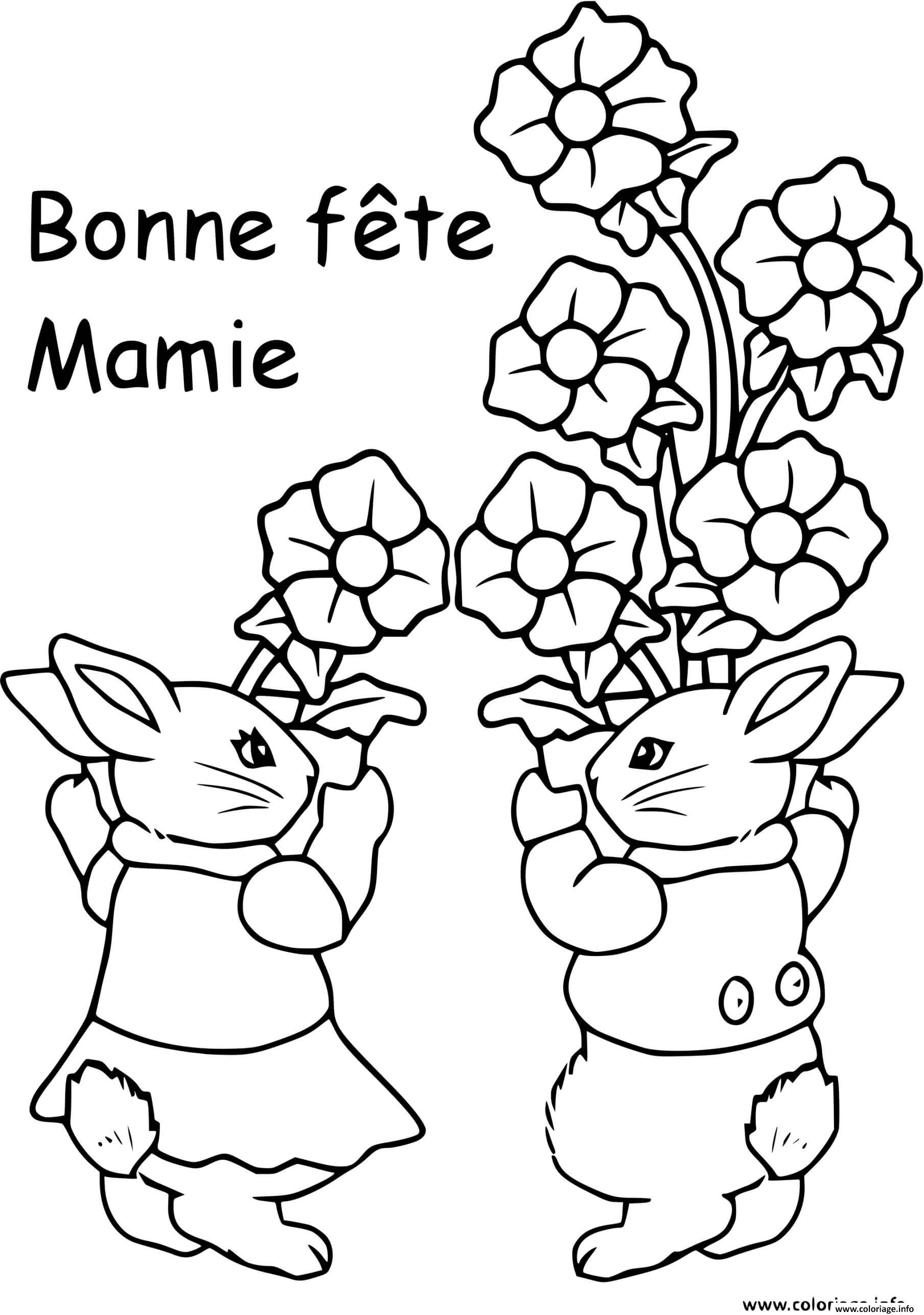 Coloriage Bonne Fete Des Mamies Lapins Avec Fleurs Dessin à Imprimer