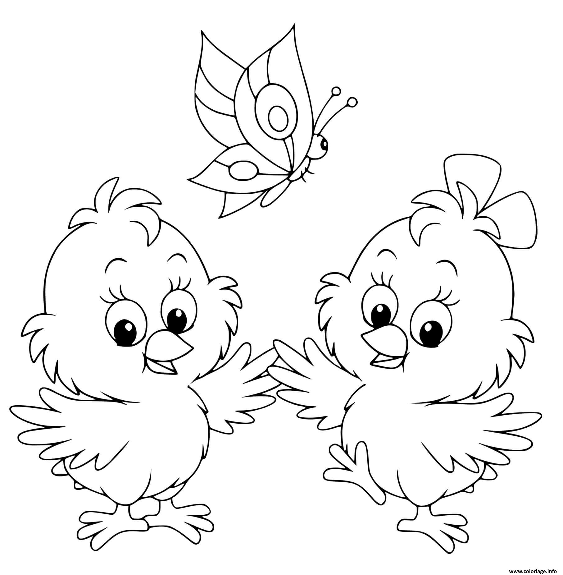 Dessin deux poussins avec un papillon Coloriage Gratuit à Imprimer