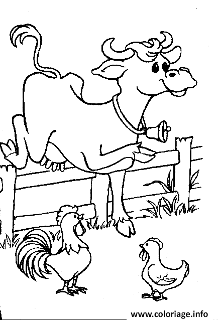 Dessin vache avec un coq et une poule Coloriage Gratuit à Imprimer