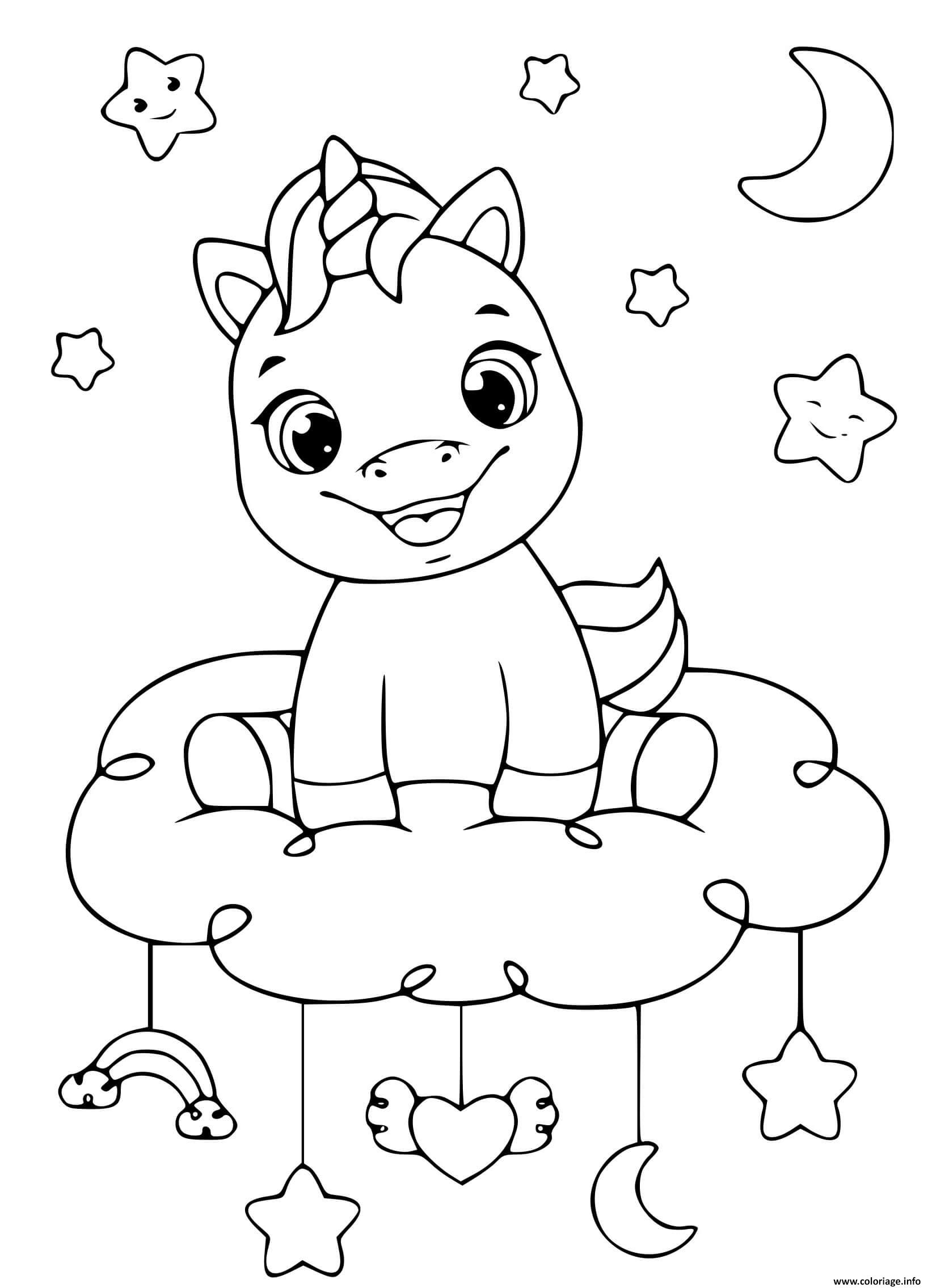 Dessin bebe licorne heureux assis sur un nuage Coloriage Gratuit à Imprimer