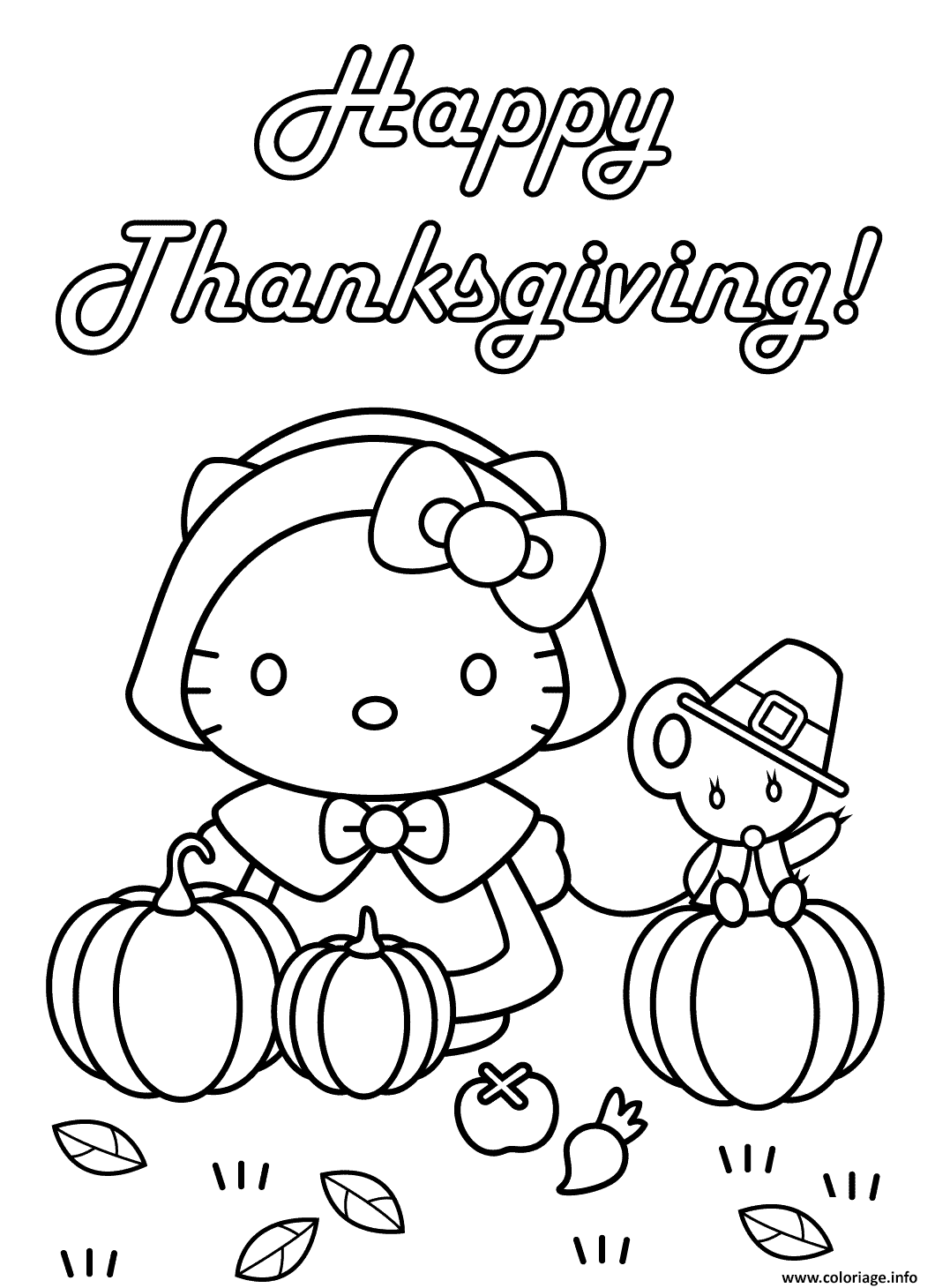 Dessin hello kitty happy thanksgiving citrouille avec une couris Coloriage Gratuit à Imprimer