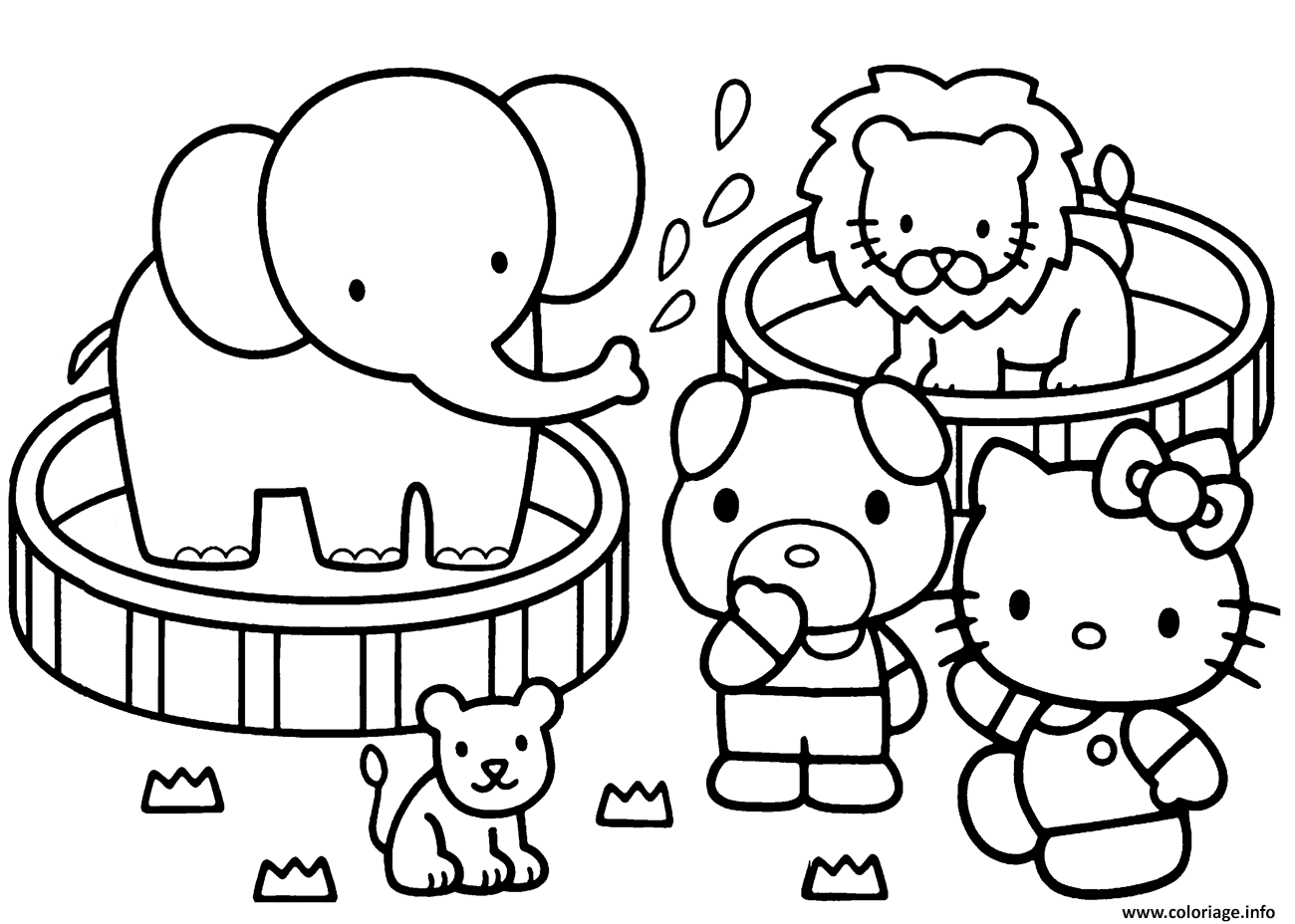 Dessin hello kitty zoo circle avec des animaux Coloriage Gratuit à Imprimer