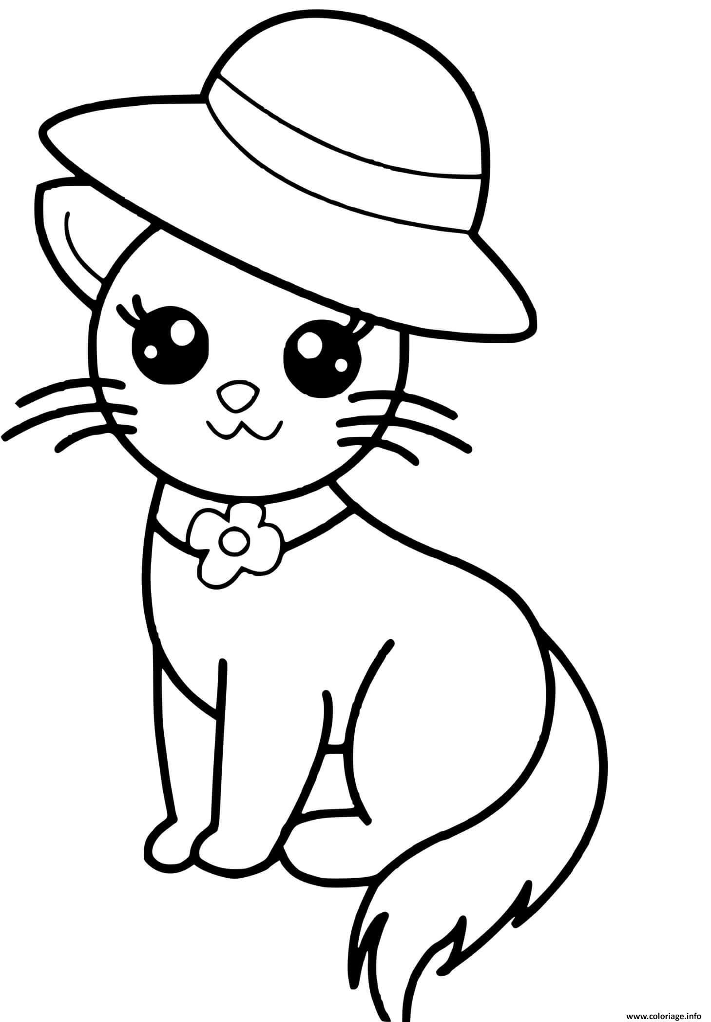 Dessin chaton kawaii mignon avec chapeau elegant Coloriage Gratuit à Imprimer