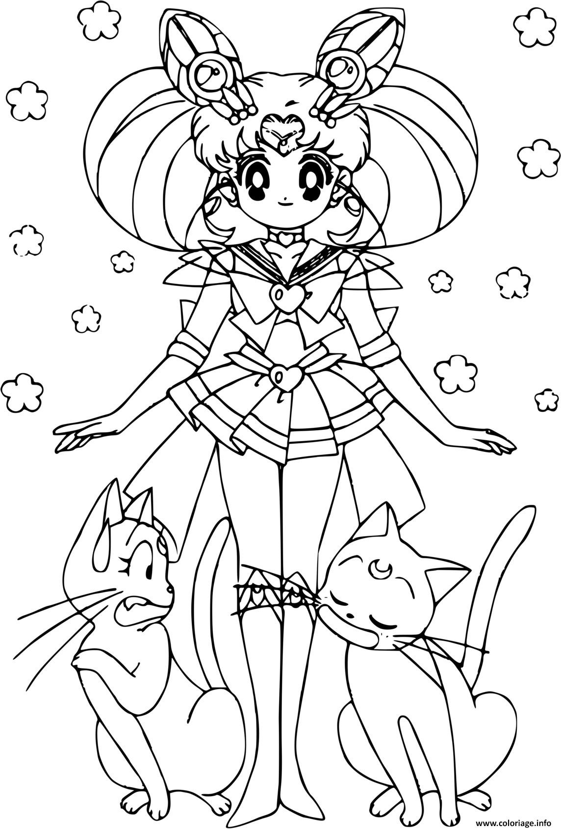 Dessin Sailor Moon and cats Coloriage Gratuit à Imprimer
