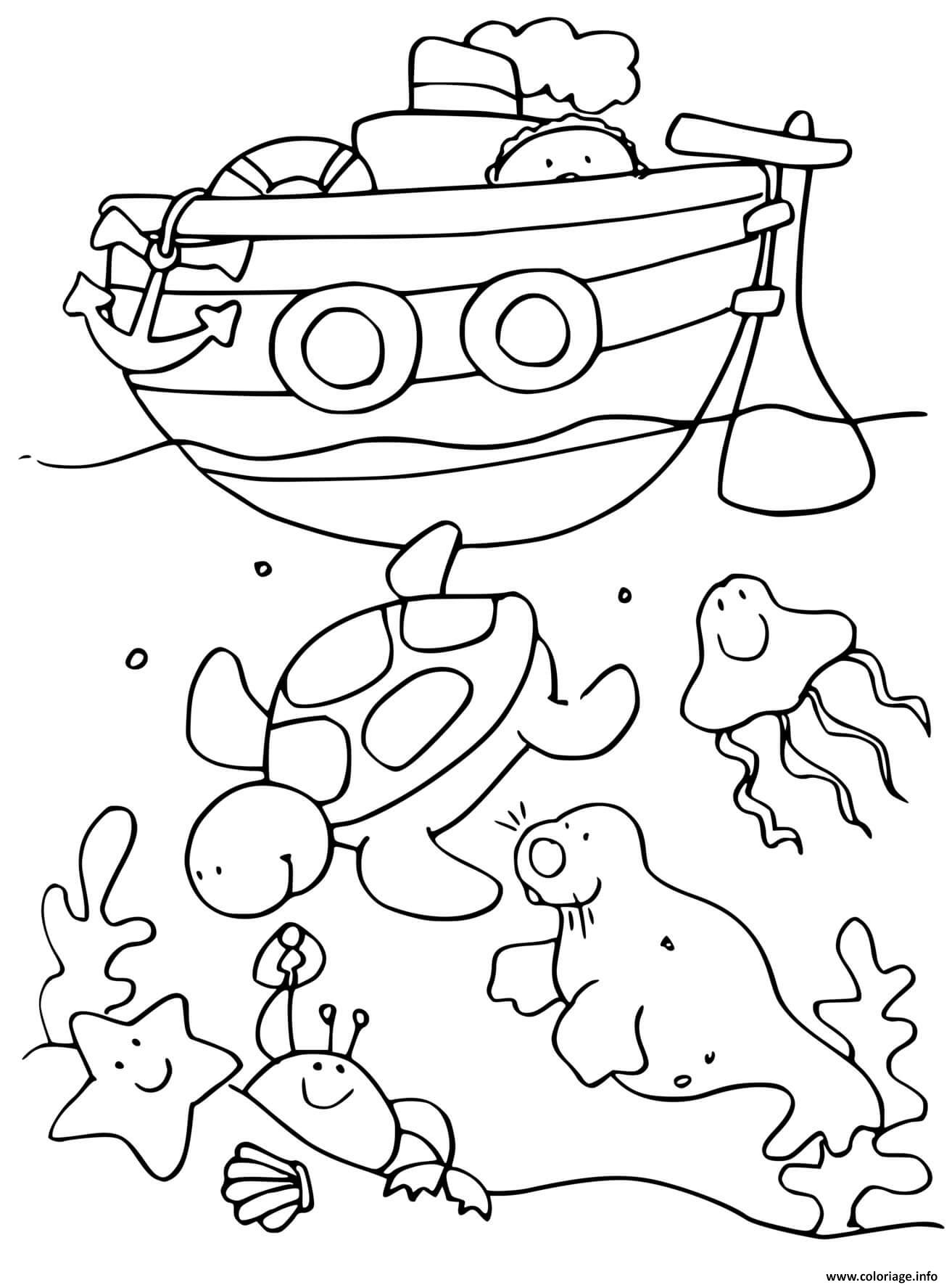 Coloriage Fond De Mer Et Animaux Marins Avec Bateau De Mer Dessin à Imprimer