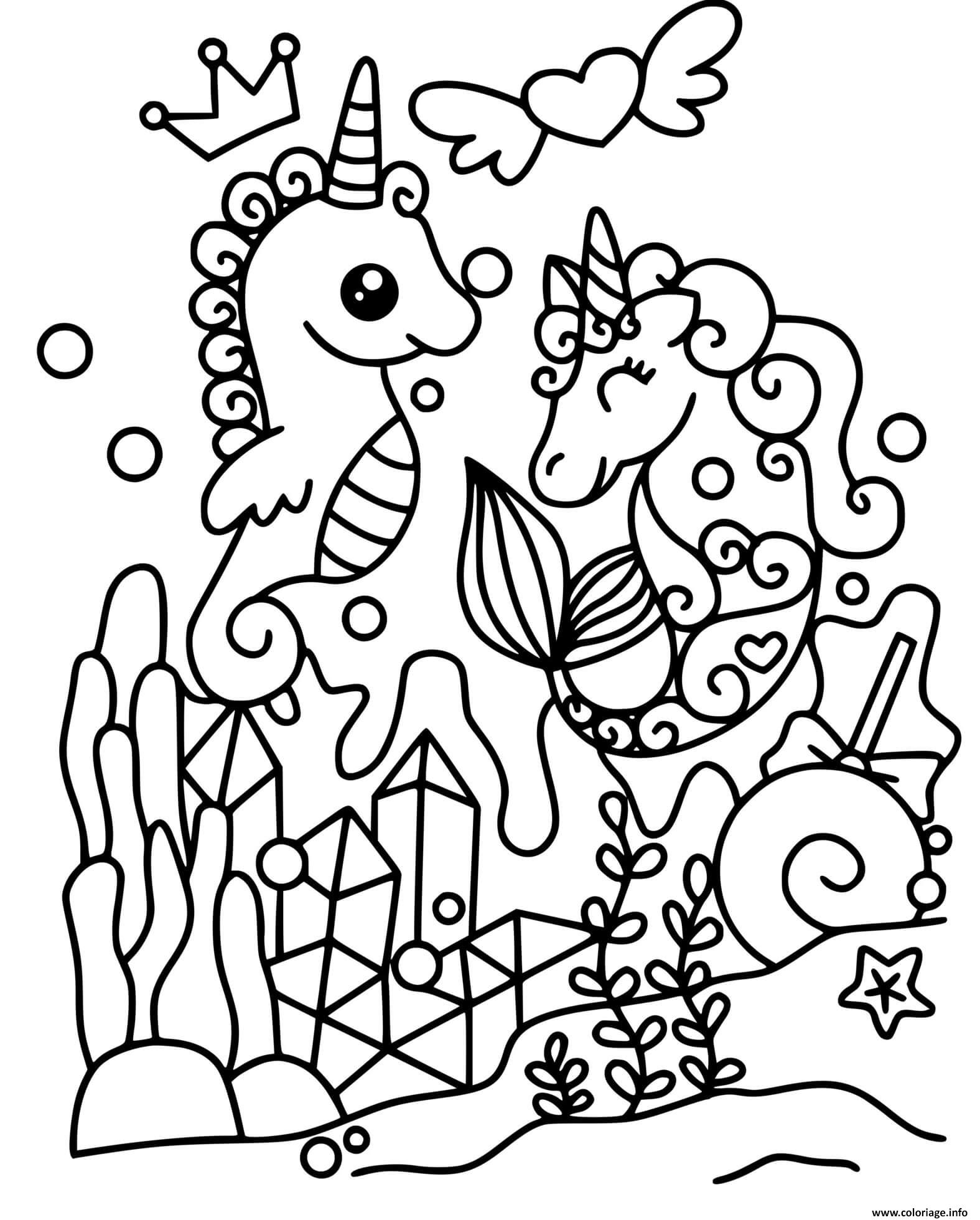 Dessin licorne sous la mer fond marin Coloriage Gratuit à Imprimer