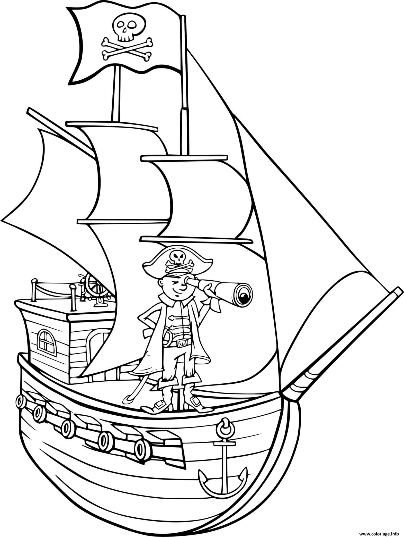 Dessin bateau pirate avec son capitaine Coloriage Gratuit à Imprimer