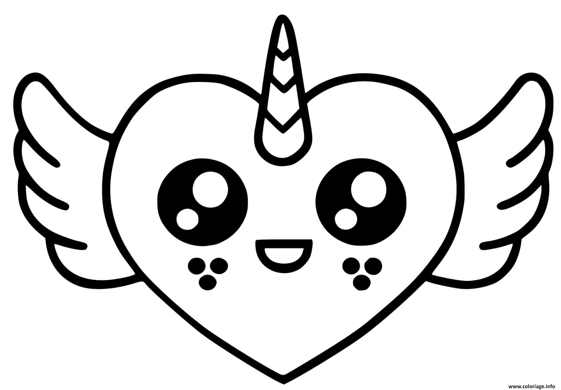 Coloriage coeur licorne avec des ailes kawaii  JeColorie.com