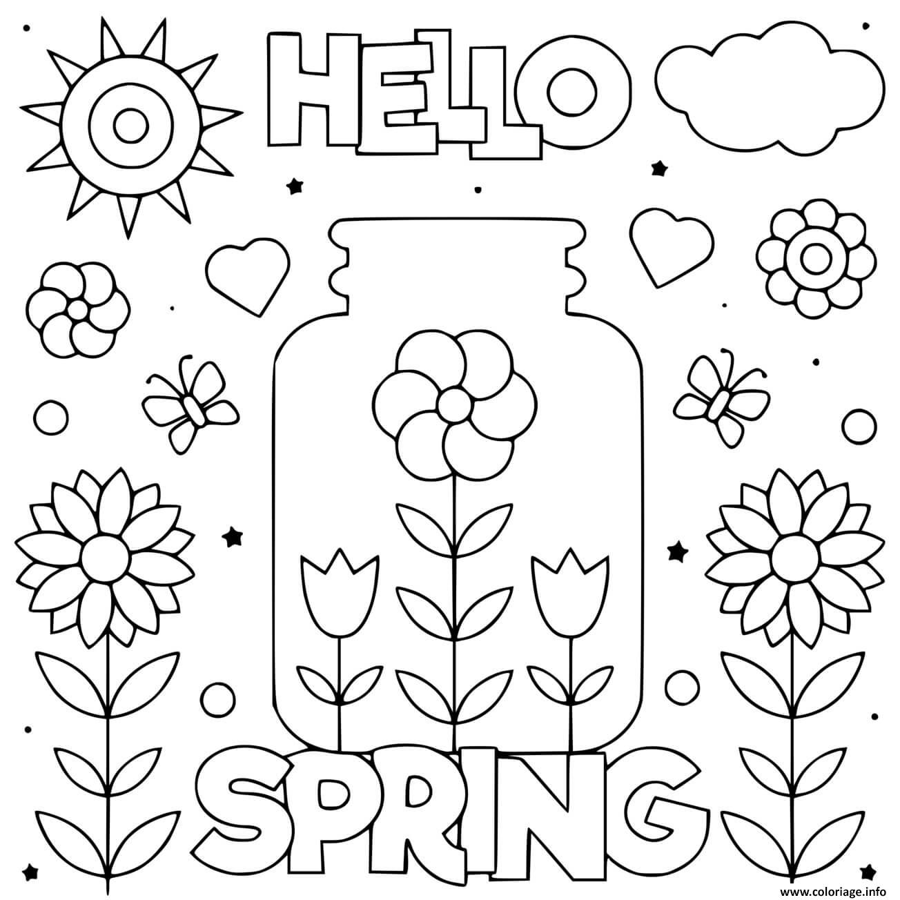Coloriage Hello Spring Fleurs Et Soleil Dessin à Imprimer