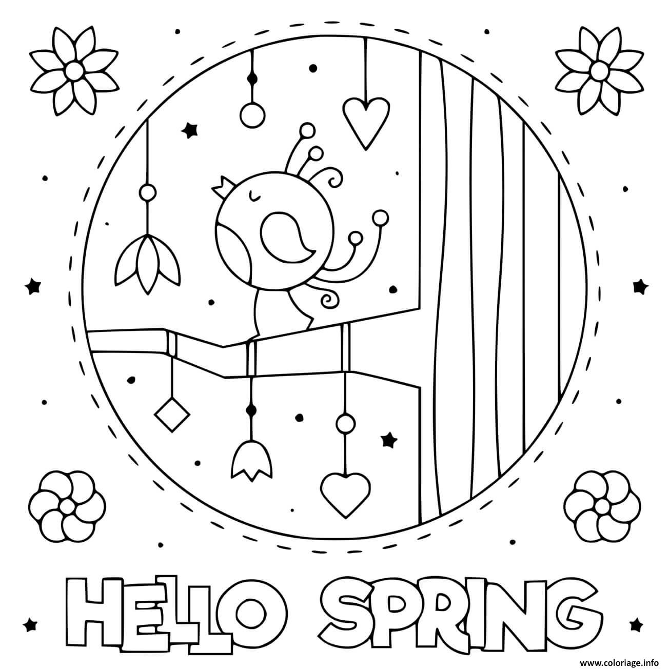 Dessin hello spring avec oiseau qui chante Coloriage Gratuit à Imprimer