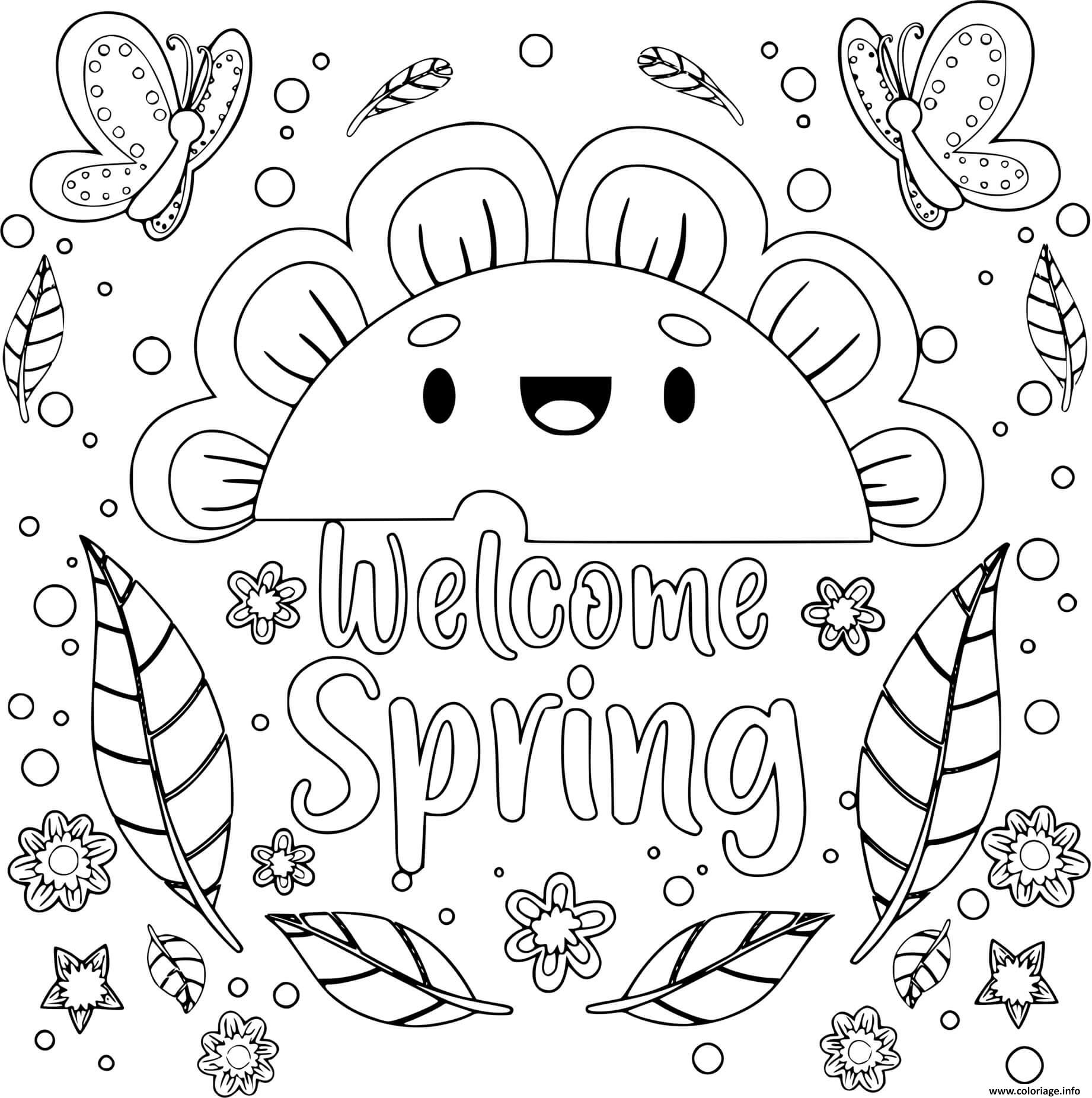 Dessin le printemps avec soleil et fleurs avec papillons Coloriage Gratuit à Imprimer