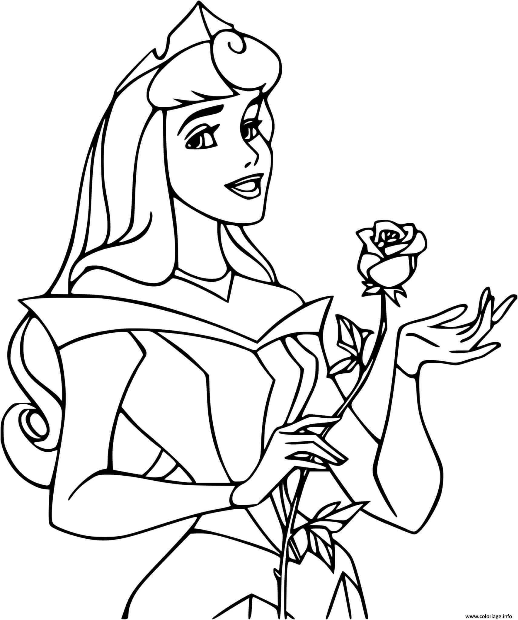 Dessin princesse aurore disney avec une rose Coloriage Gratuit à Imprimer